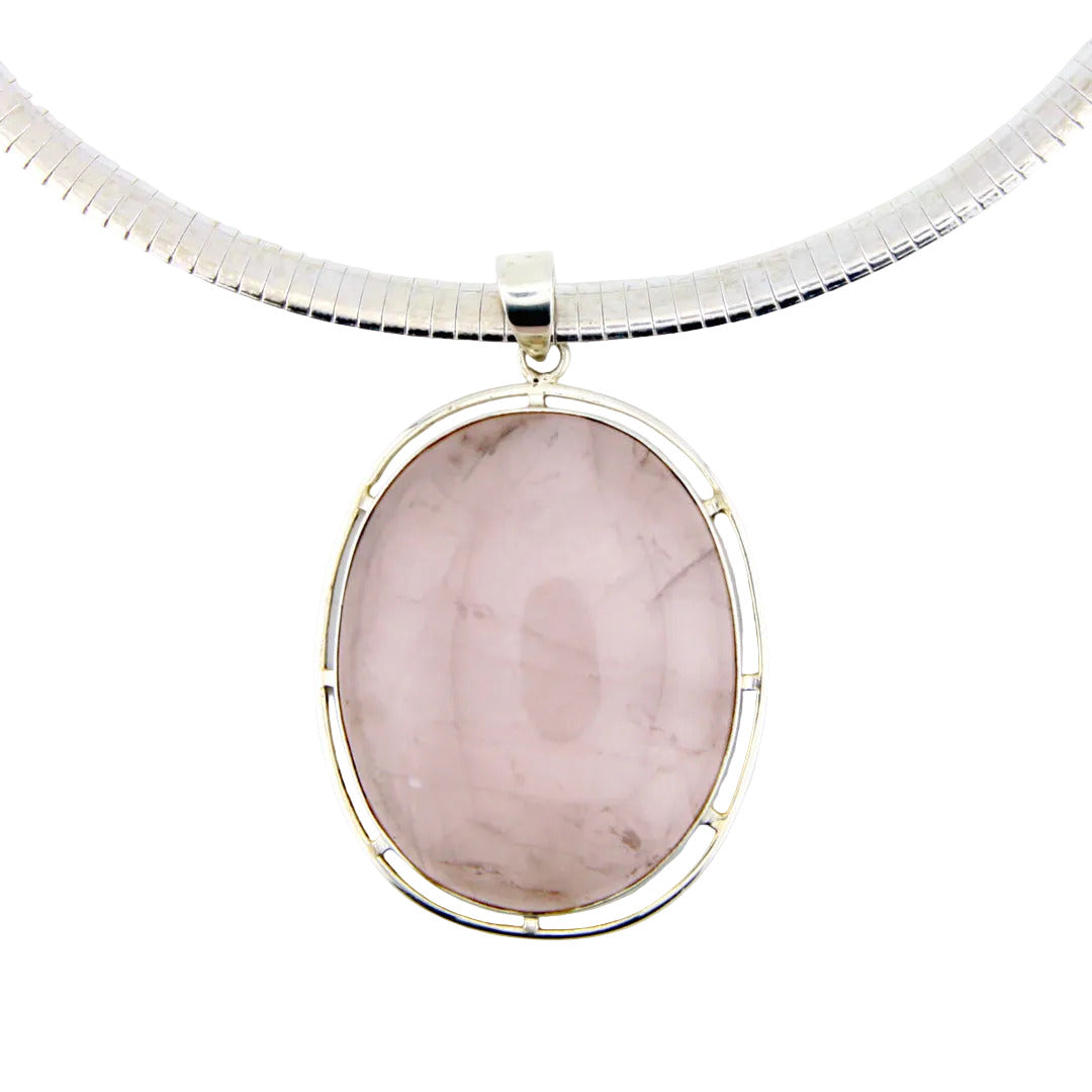 Large Oval Rose Quartz Cabochon Pendant In Sterling Silver