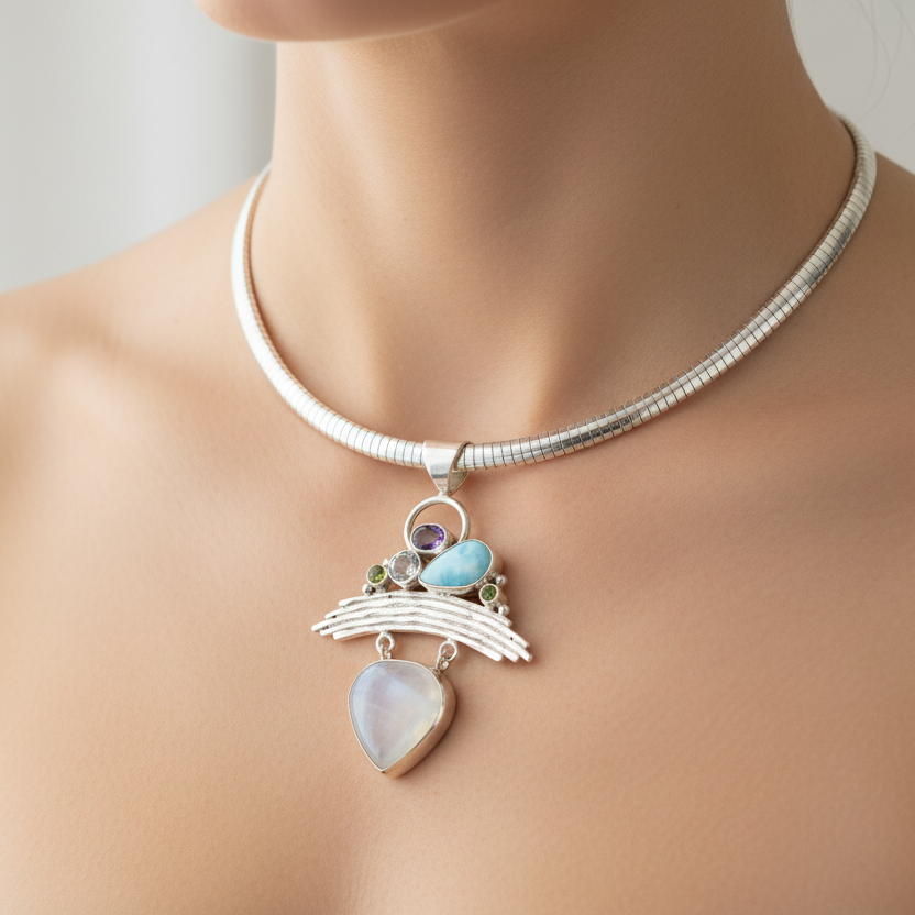 Multicolored gemstone necklace with silver pendant on a white background