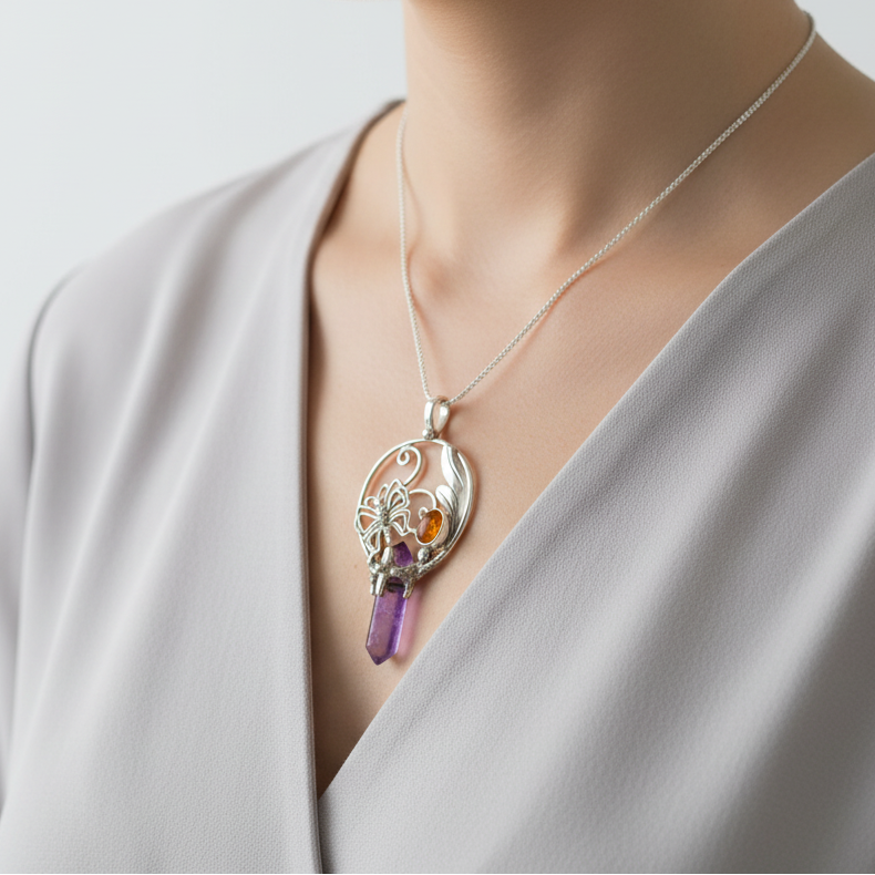 Amethyst crystal and carnelian pendant