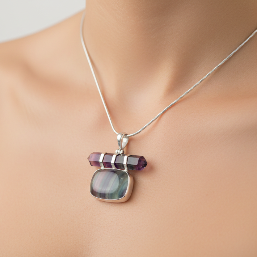 Fluorite Crystal And Cabochon Pendant