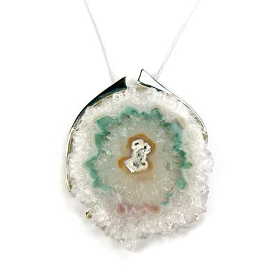 Large Rare Green Apophyllite in Clear Quartz Stalictite Slice Pendant set in Silver