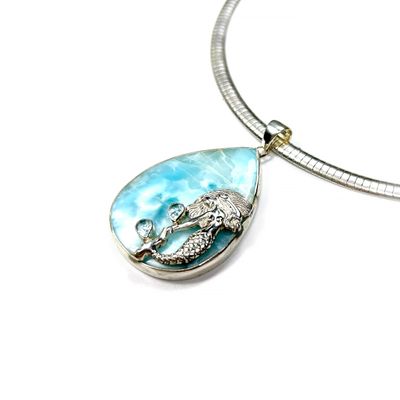 Pear Shape Larimar Pendant with Silver Mermaid Detail and Topaz
