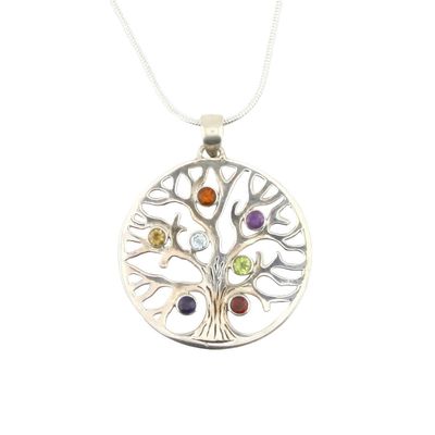 Chakra Tree Of Life Silver Pendant With 7 Chakra Gemstones