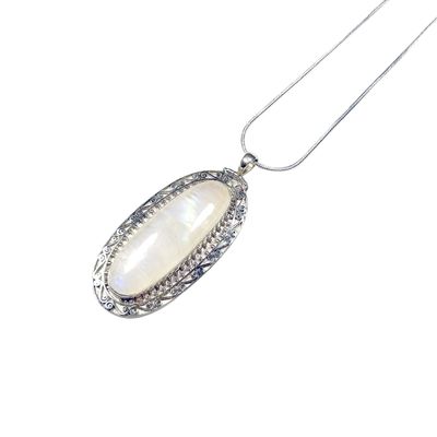 Large Oval Moonstone Pendant with Silver Detail