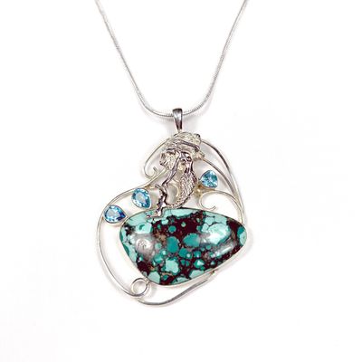 Tibetian Turquoise Pendant with Topaz and Silver Mermaid