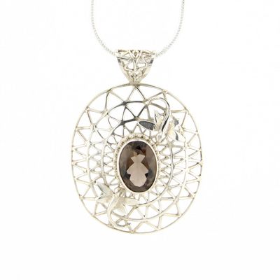 Smokey Quartz Gemstone Pendant With Silver Pattern And Dragonflies