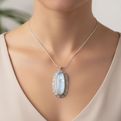 Large Oval Moonstone Pendant with Silver Detail